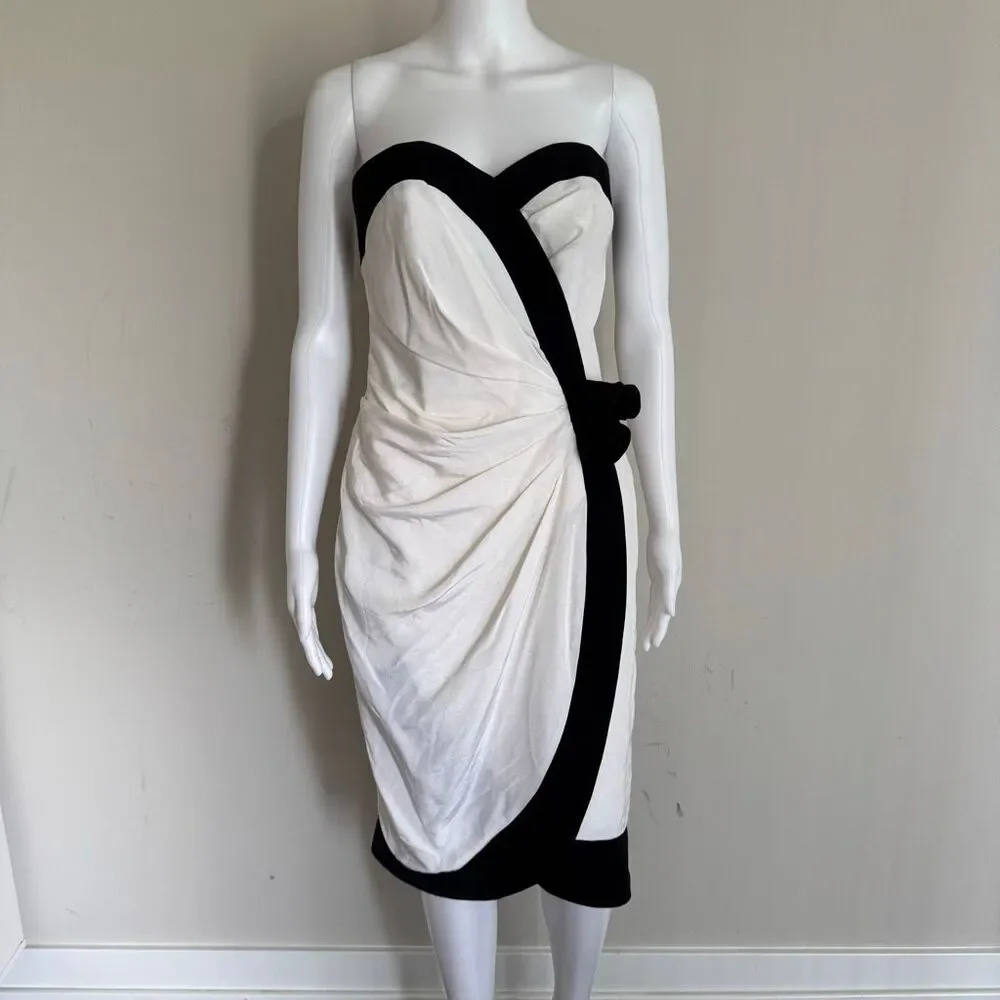 Vintage 80’s Algo Black & White Strapless Cocktail Dress With Rosette Appliqué